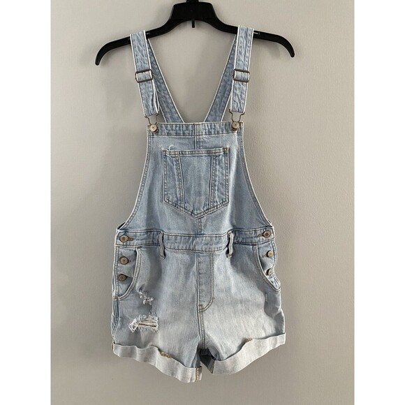 Old Navy Shortalls Womens Small Blue Shorts Bib Overalls Cuffed Distressed 30x3 - Picture 5 of 16
